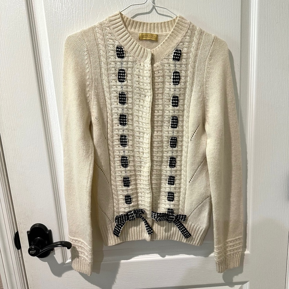 Armaten White and Black Cable Knit Cardigan Sweater with Checkerboard Pattern